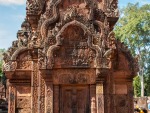 The intricate reliefs carving of red coloured stone