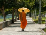 Picturesque monk walking along the Sangker River