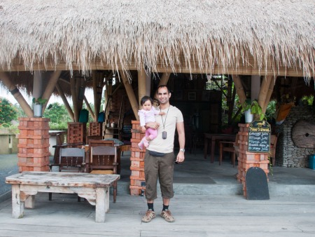 Travis and Farah outside the restaurant at Gusde House