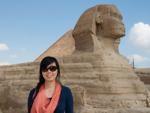 Sonya and the Sphinx and Pyramid of Khufu protruding