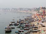 Many wooden boats moored along the Ganges River