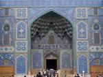 The intricate Persian blue mosaics on the facade entrance of Sheikh Lotfollah Mosque